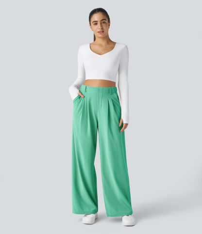 High Waisted Pocket Wide Leg Waffle Work Pants