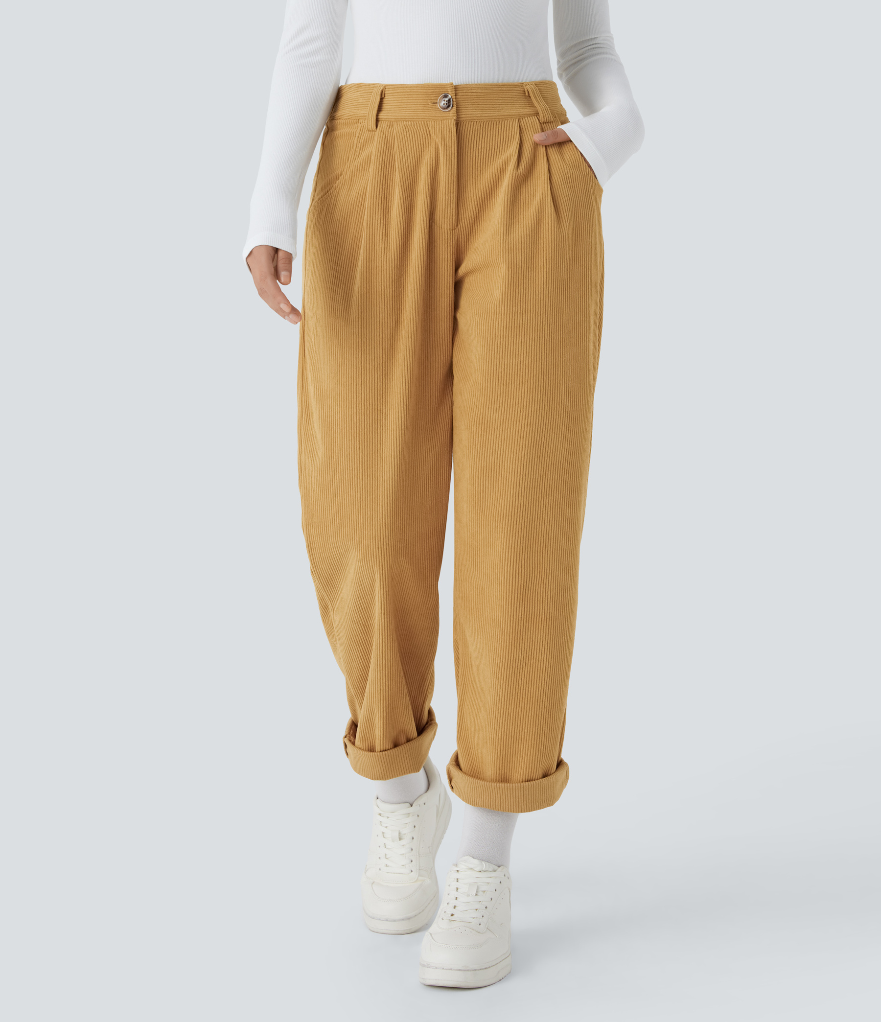 Mid Rise Zipper Pocket Corduroy Casual Pants