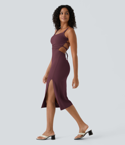 Ruched Lace Up Bodycon Midi Casual Dress