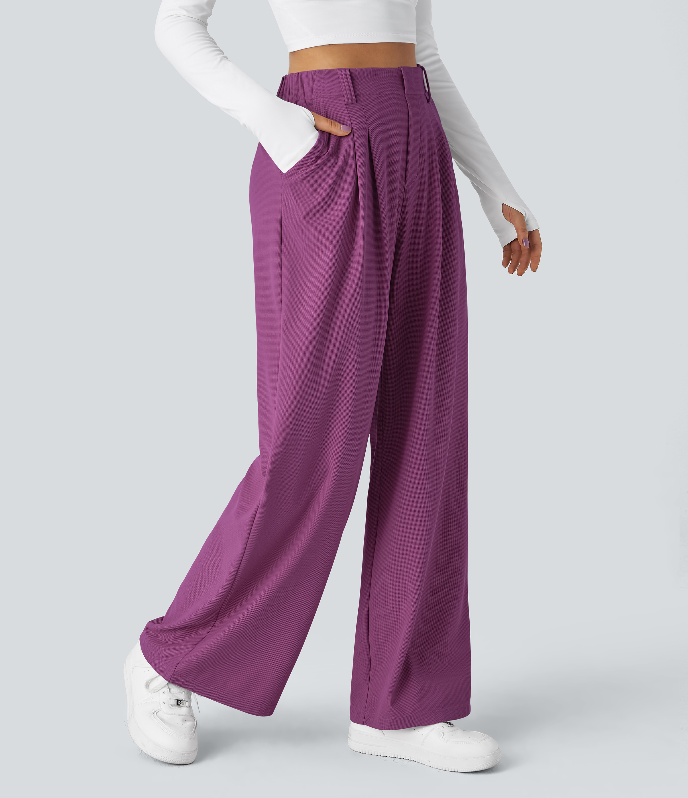 High Waisted Pocket Wide Leg Waffle Work Pants