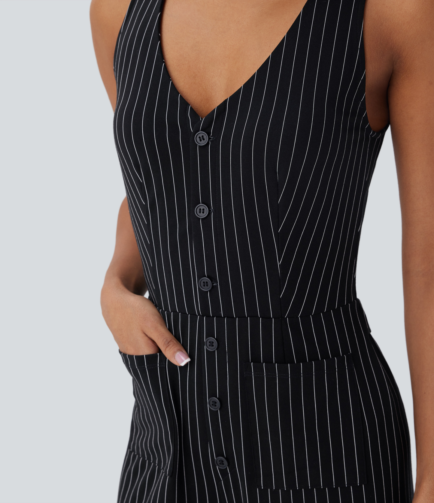 V Neck Sleeveless Cut Out Pockets Wide Leg Stripe Cool Touch Work Jumpsuit