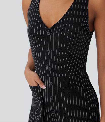 V Neck Sleeveless Cut Out Pockets Wide Leg Stripe Cool Touch Work Jumpsuit