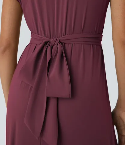 V-neck Short-sleeve Pocket Lace-up Back Quick-drying Mid-length Casual Dress-extended