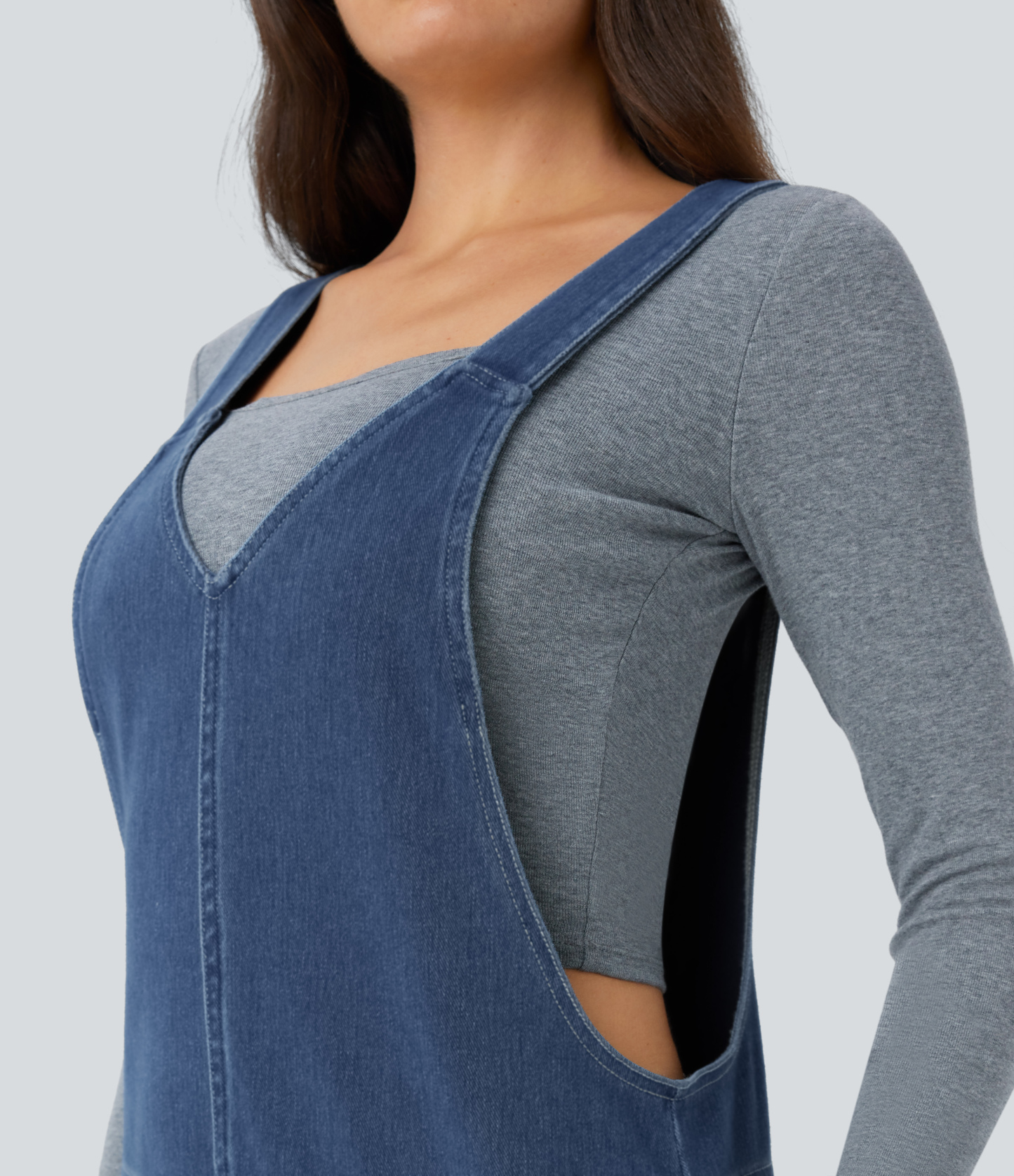 V Neck Pocket Washed Denim Casual Overalls