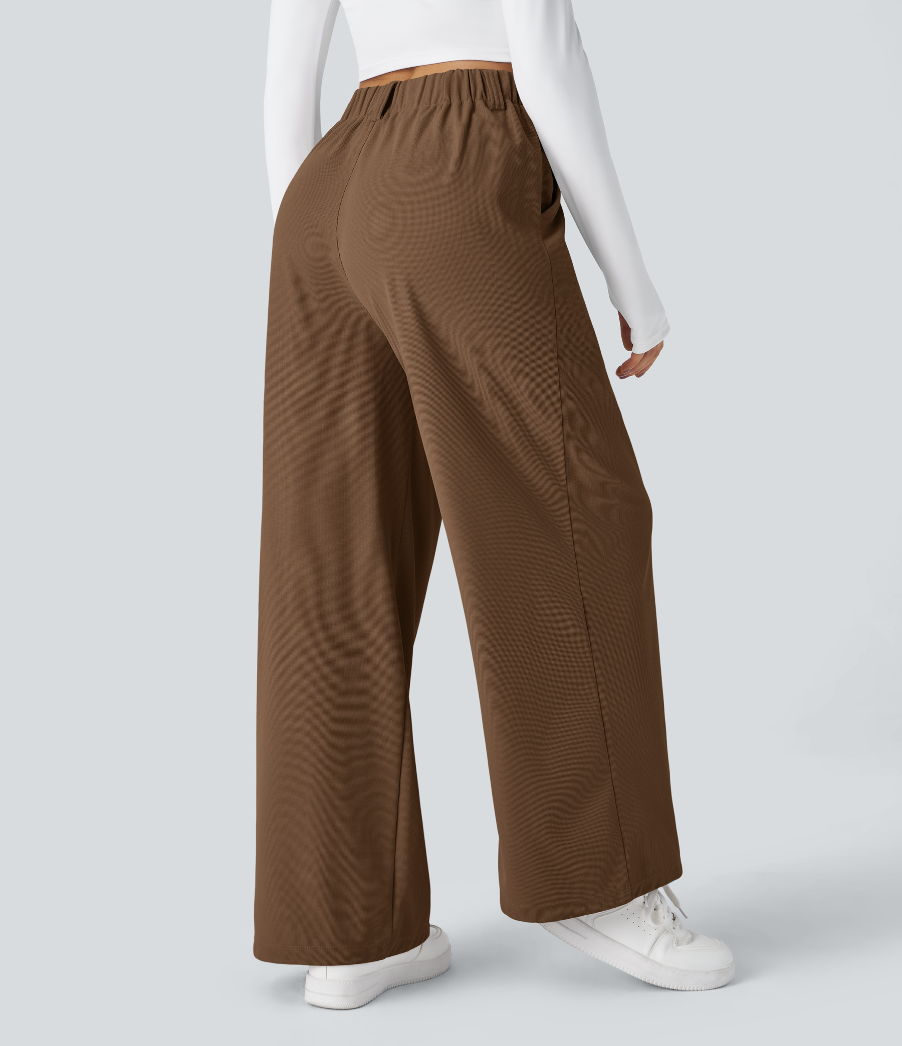 High Waisted Pocket Wide Leg Waffle Work Pants
