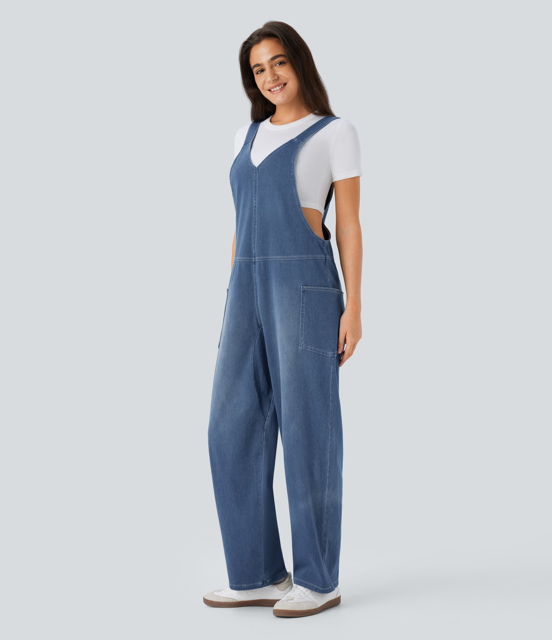 V Neck Pocket Washed Denim Casual Overalls