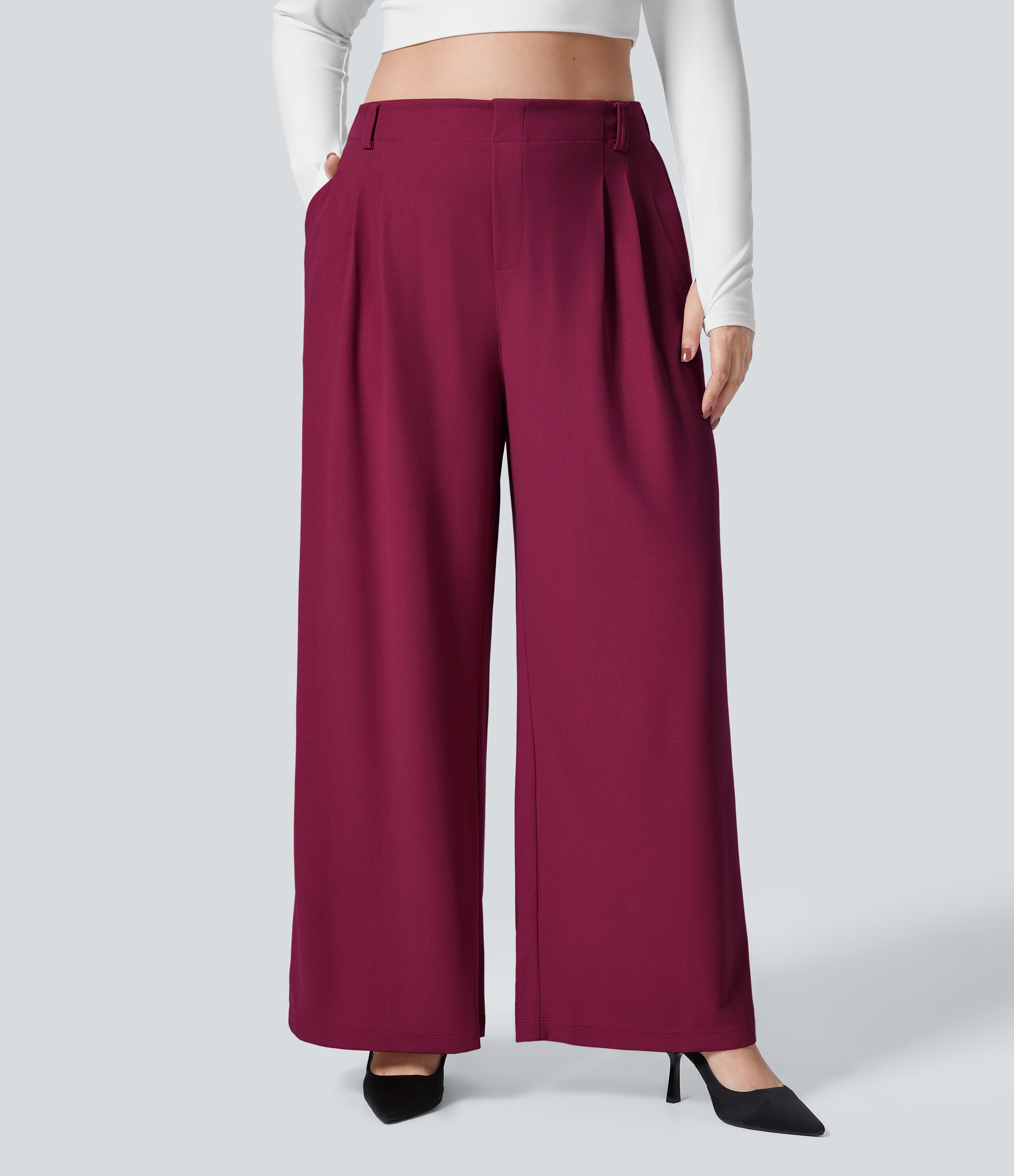 High Waisted Pocket Wide Leg Waffle Work Plus Size Pants