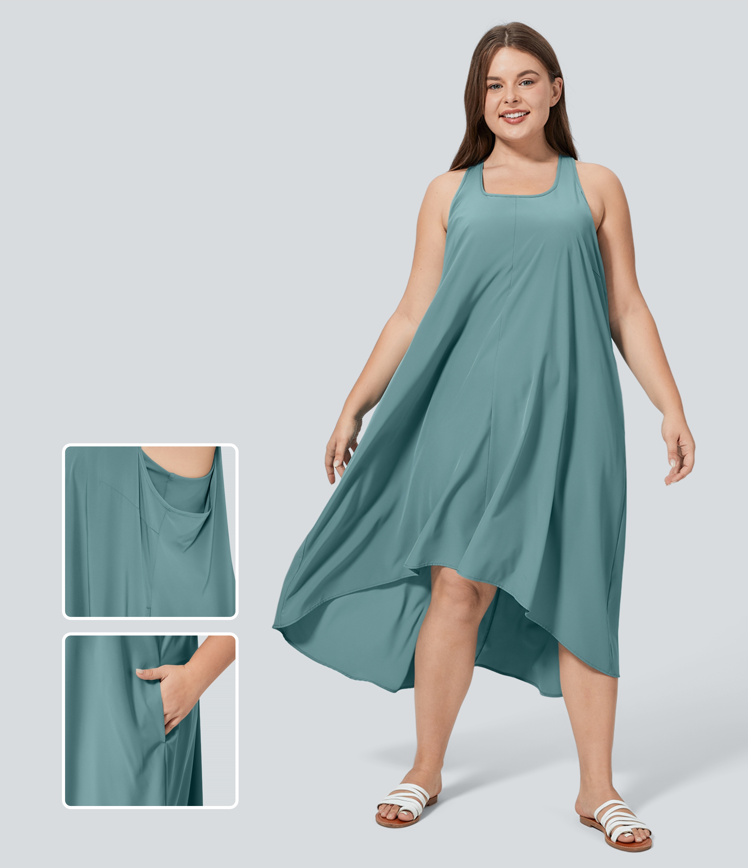 RacerPocket High Low Flowy Midi Quick Dry Casual Plus Size Dress