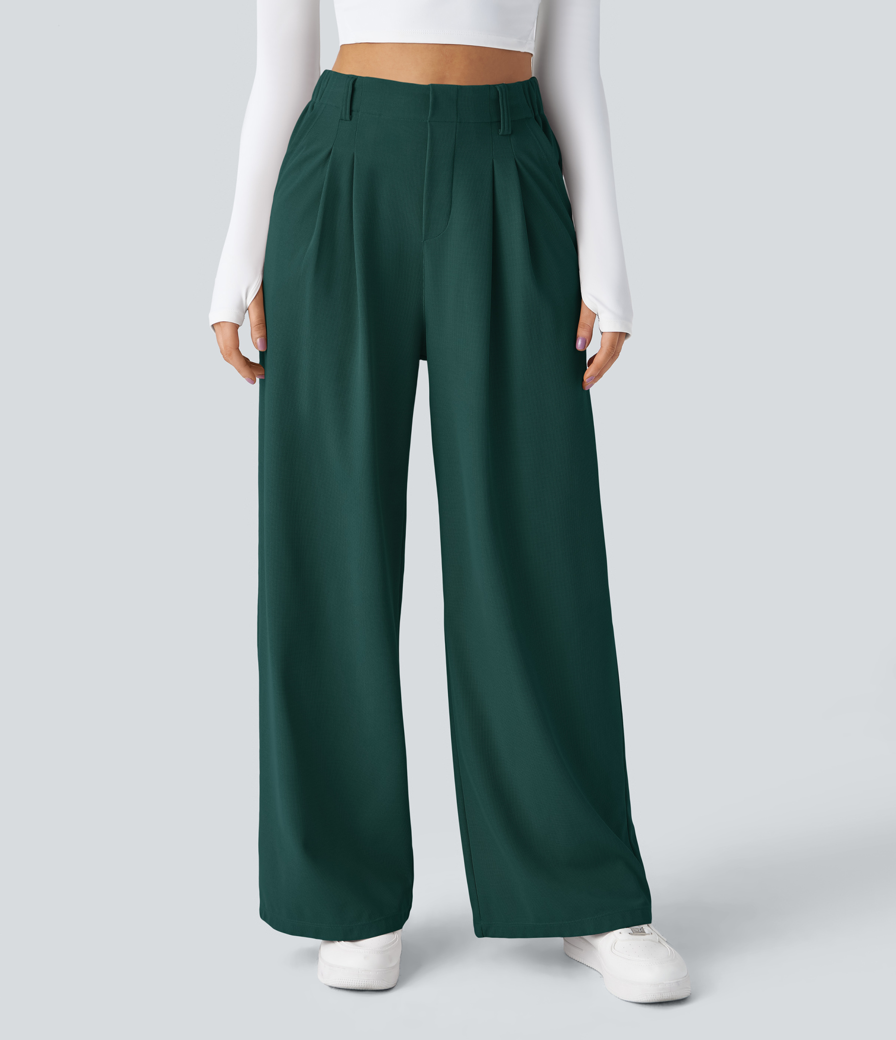 High Waisted Pocket Wide Leg Waffle Work Pants