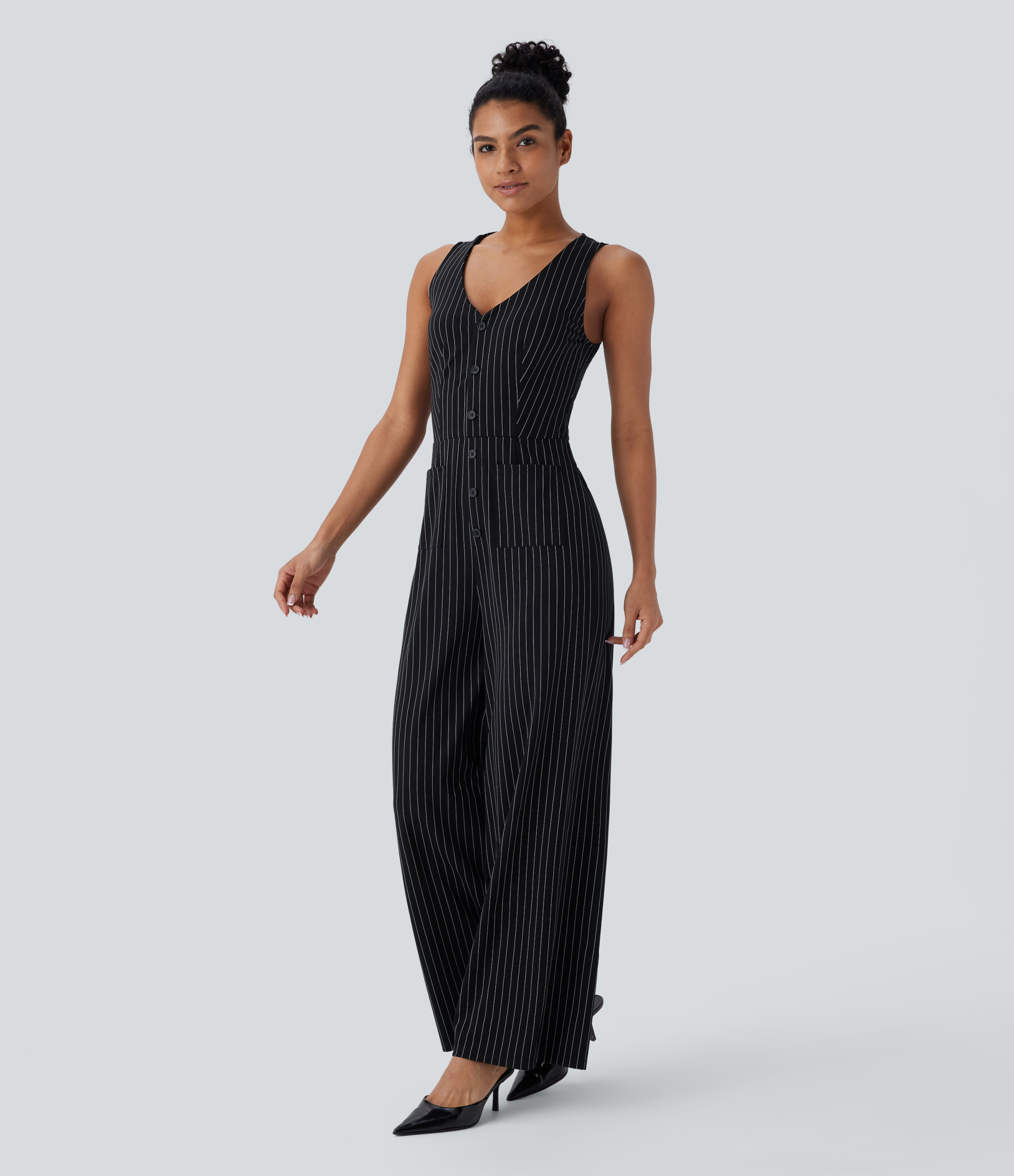 V Neck Sleeveless Cut Out Pockets Wide Leg Stripe Cool Touch Work Jumpsuit