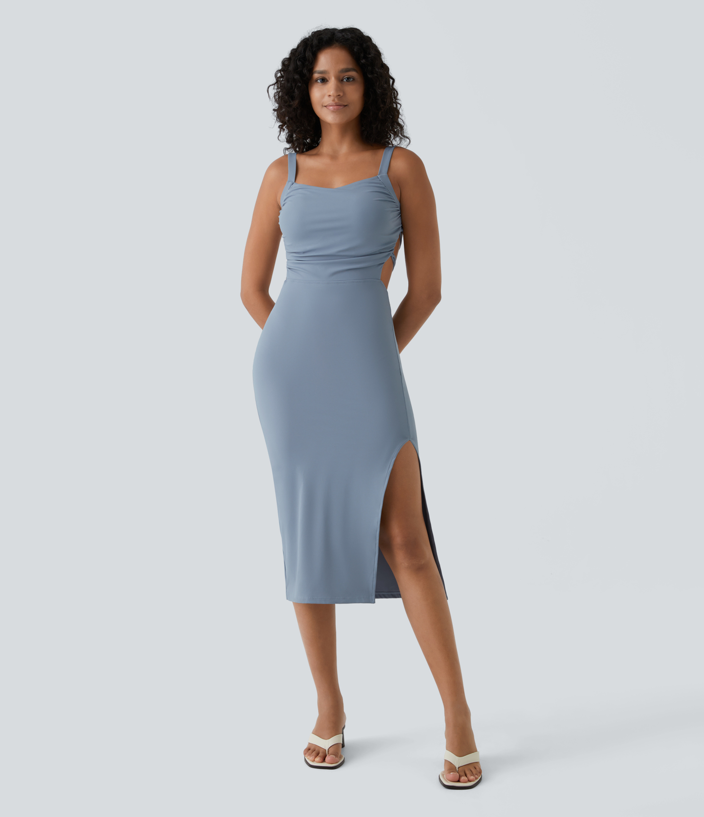 Ruched Lace Up Bodycon Midi Casual Dress