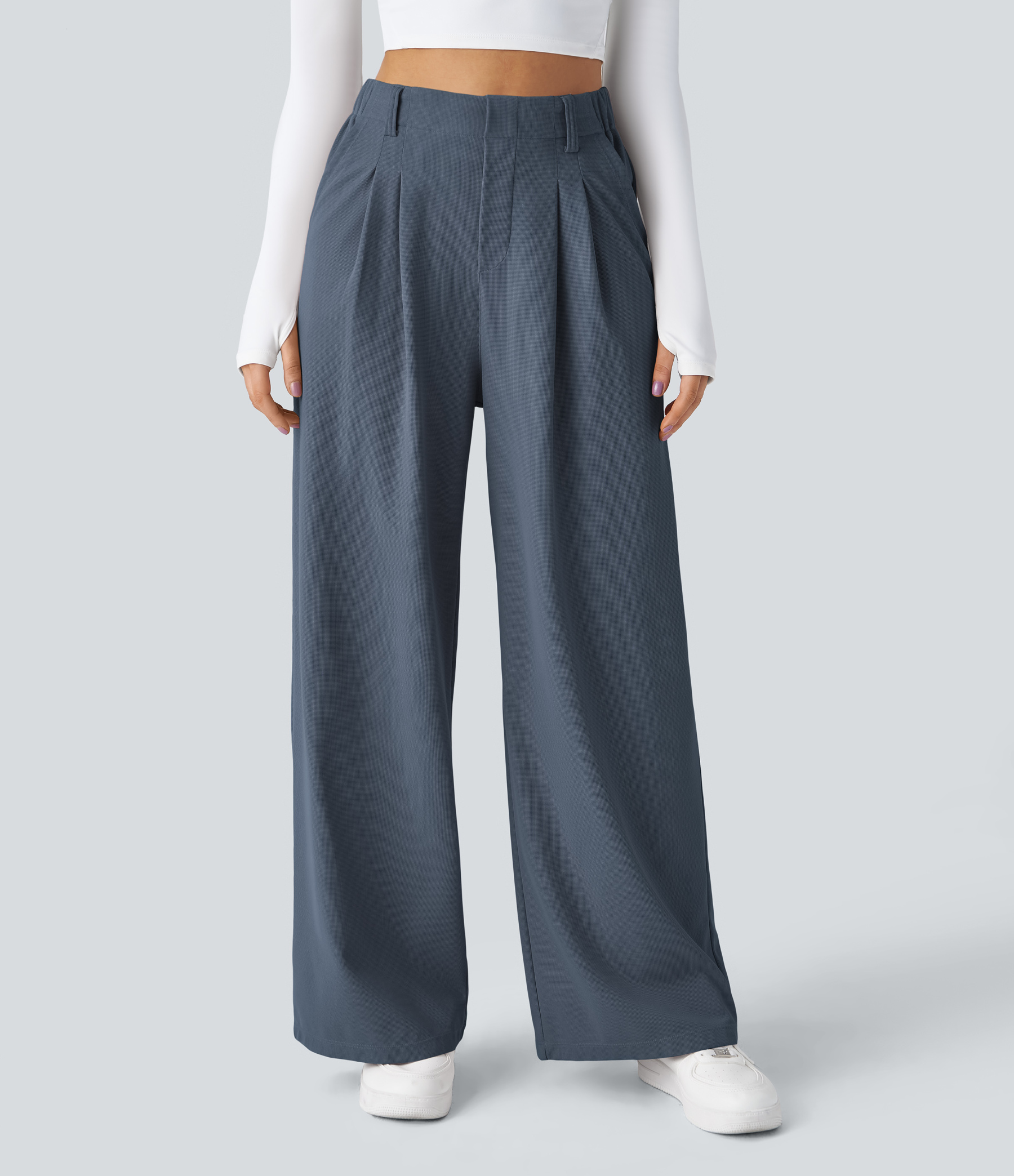 High Waisted Pocket Wide Leg Waffle Work Pants