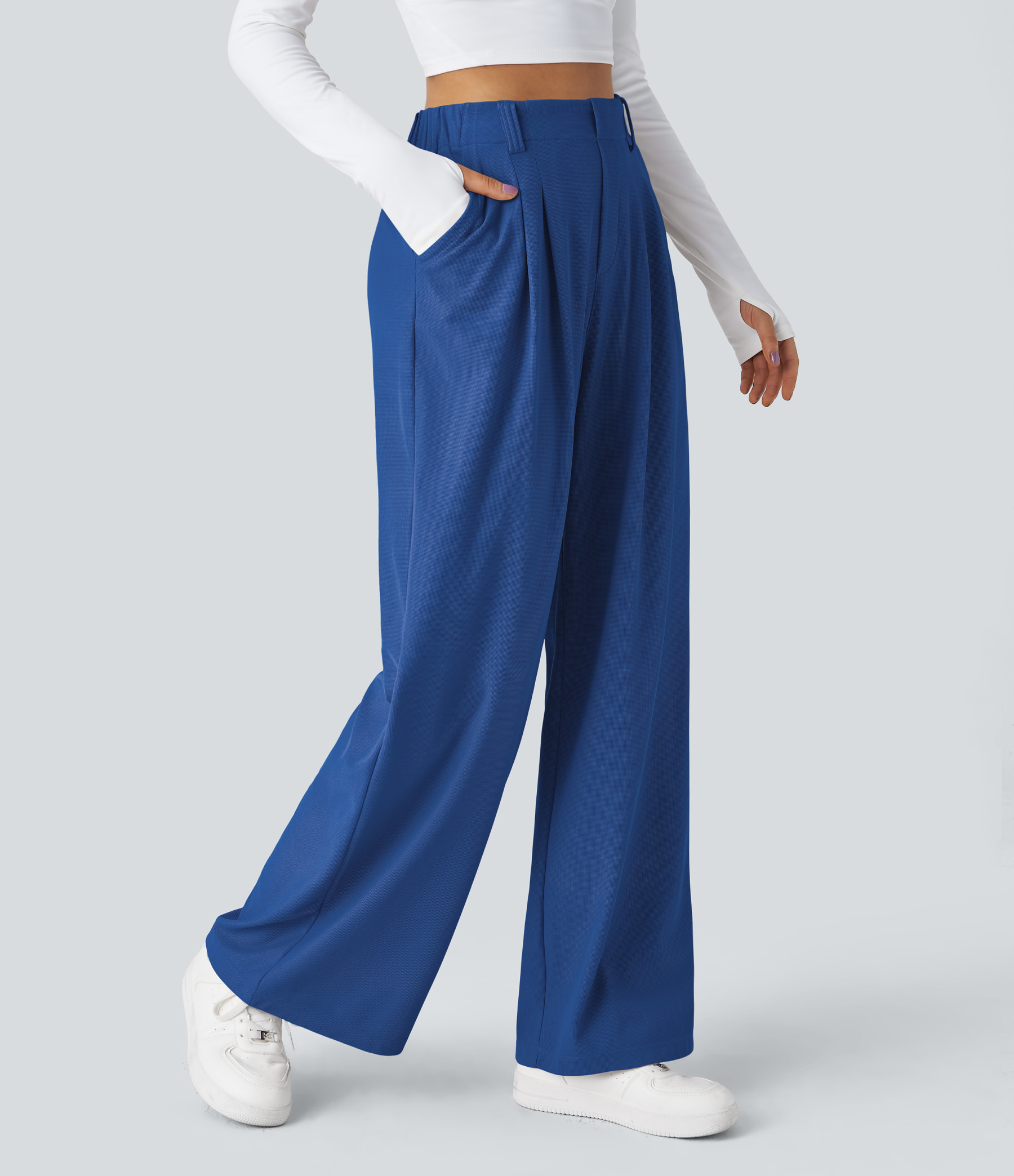 High Waisted Pocket Wide Leg Waffle Work Pants