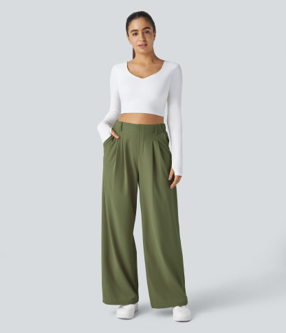 High Waisted Pocket Wide Leg Waffle Work Pants