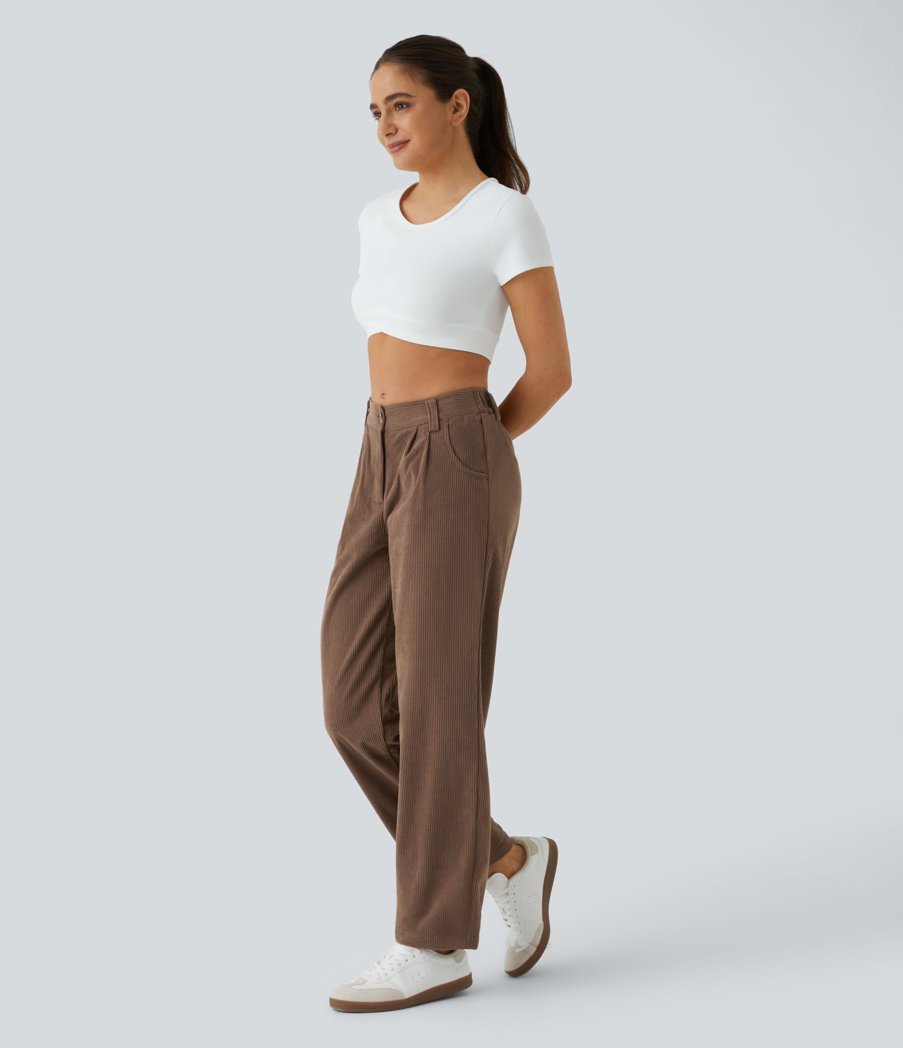 Mid Rise Zipper Pocket Corduroy Casual Pants