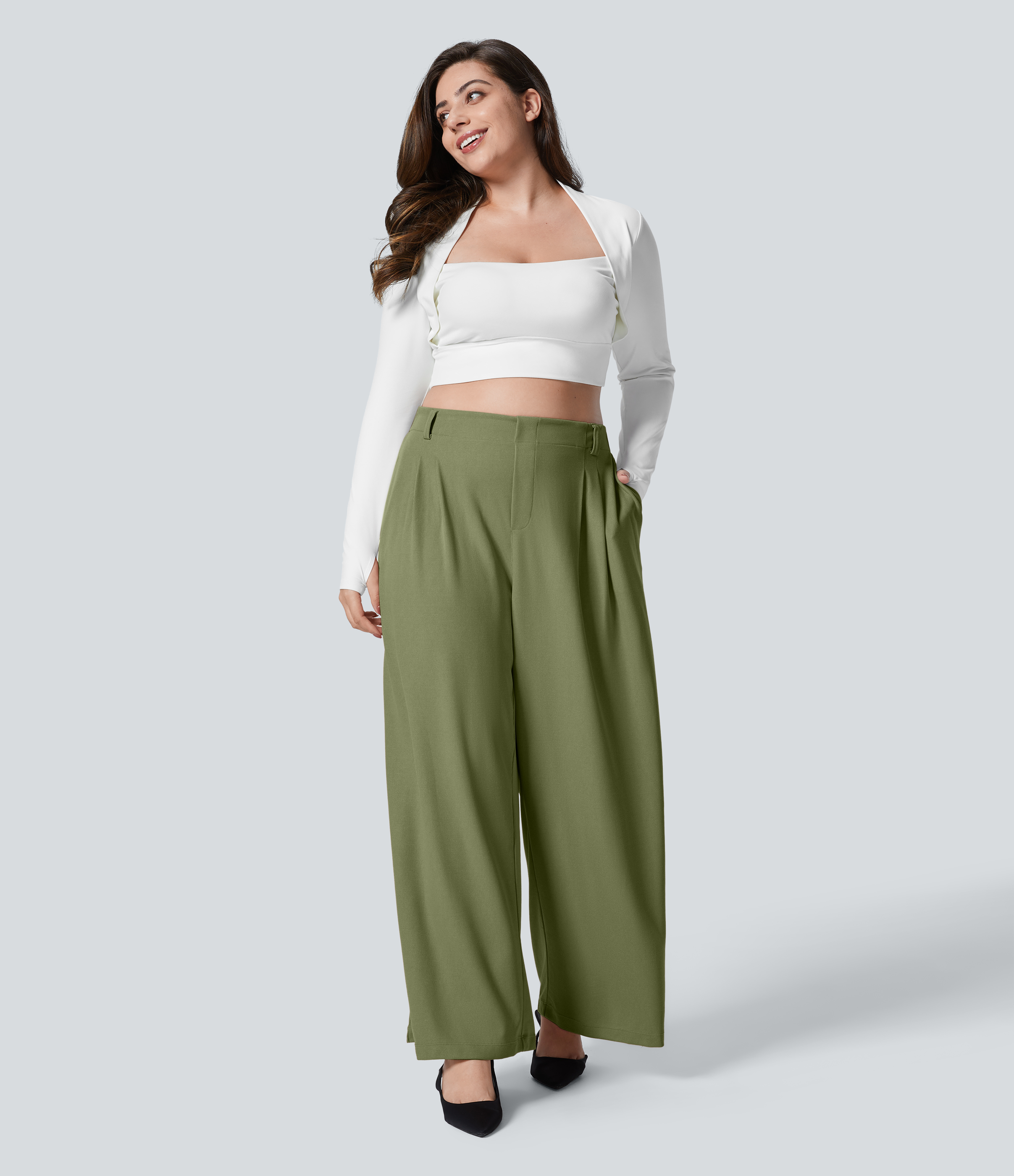 High Waisted Pocket Wide Leg Waffle Work Plus Size Pants