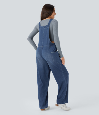 V Neck Pocket Washed Denim Casual Overalls
