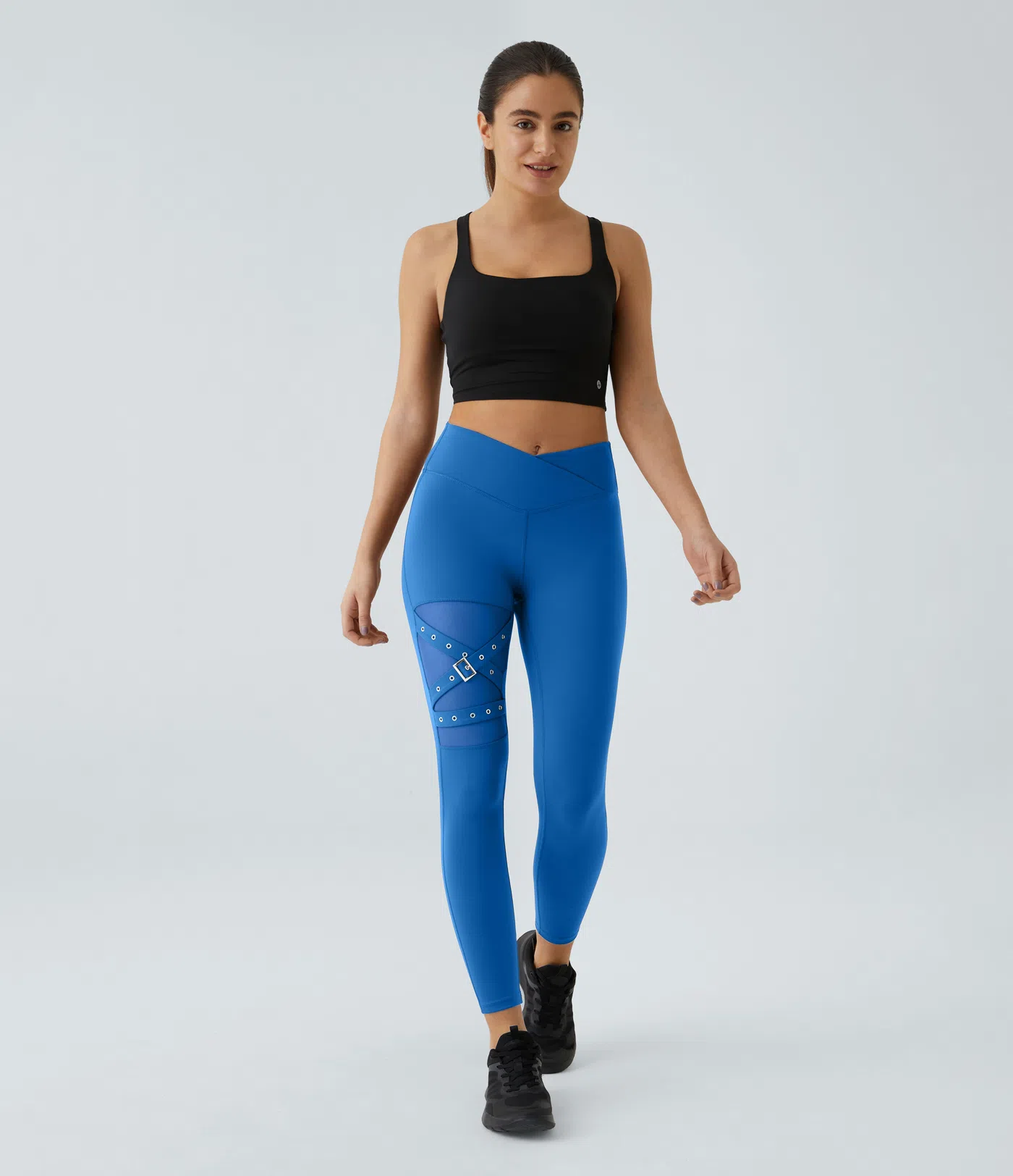 DayStretch High Waisted Crossover Contrast Mesh Decorative Buckle Yoga Leggings