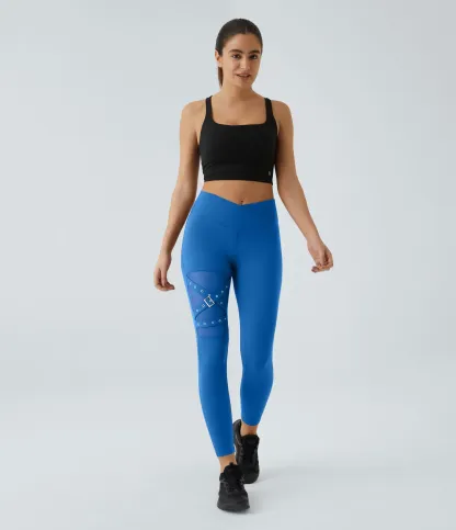 DayStretch High Waisted Crossover Contrast Mesh Decorative Buckle Yoga Leggings