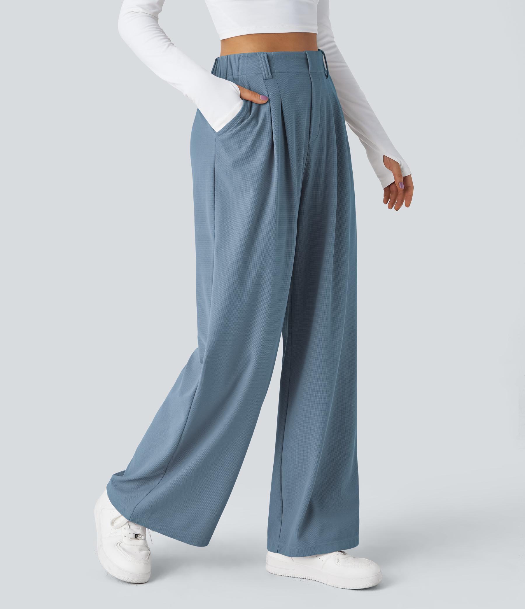High Waisted Pocket Wide Leg Waffle Work Pants