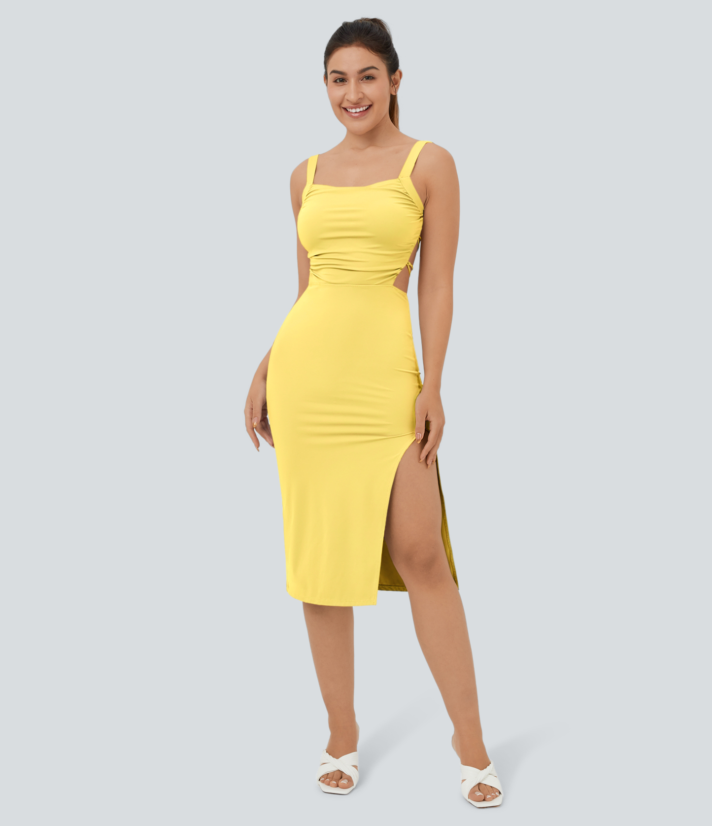 Ruched Lace Up Bodycon Midi Casual Dress