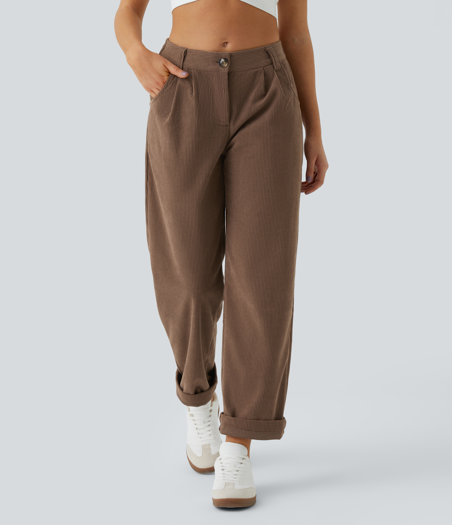Mid Rise Zipper Pocket Corduroy Casual Pants