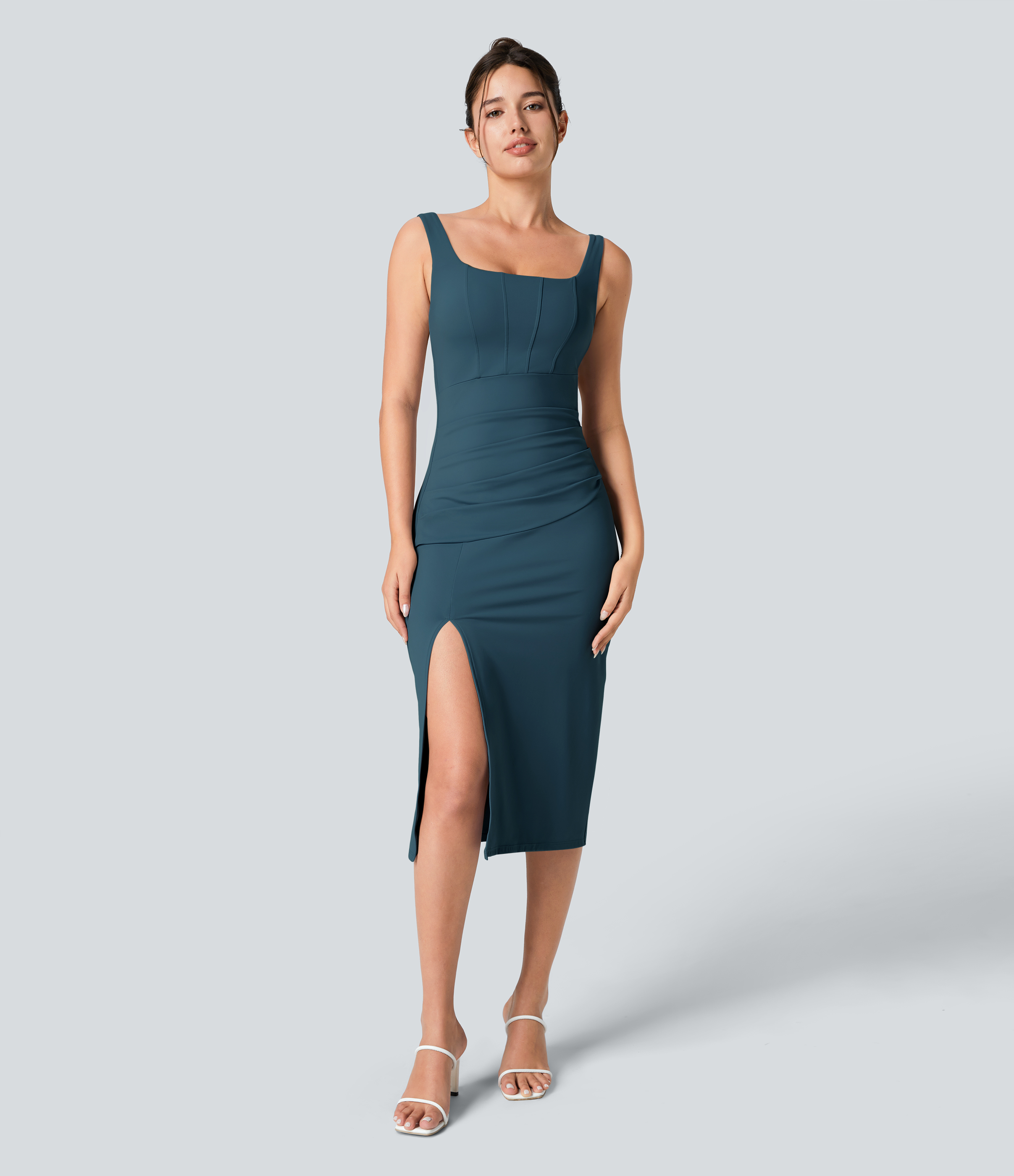 Airy Square Neck Backless Corset Ruched Split Bodycon Midi Cool Touch Bridesmaid and Wedding Guest Dress