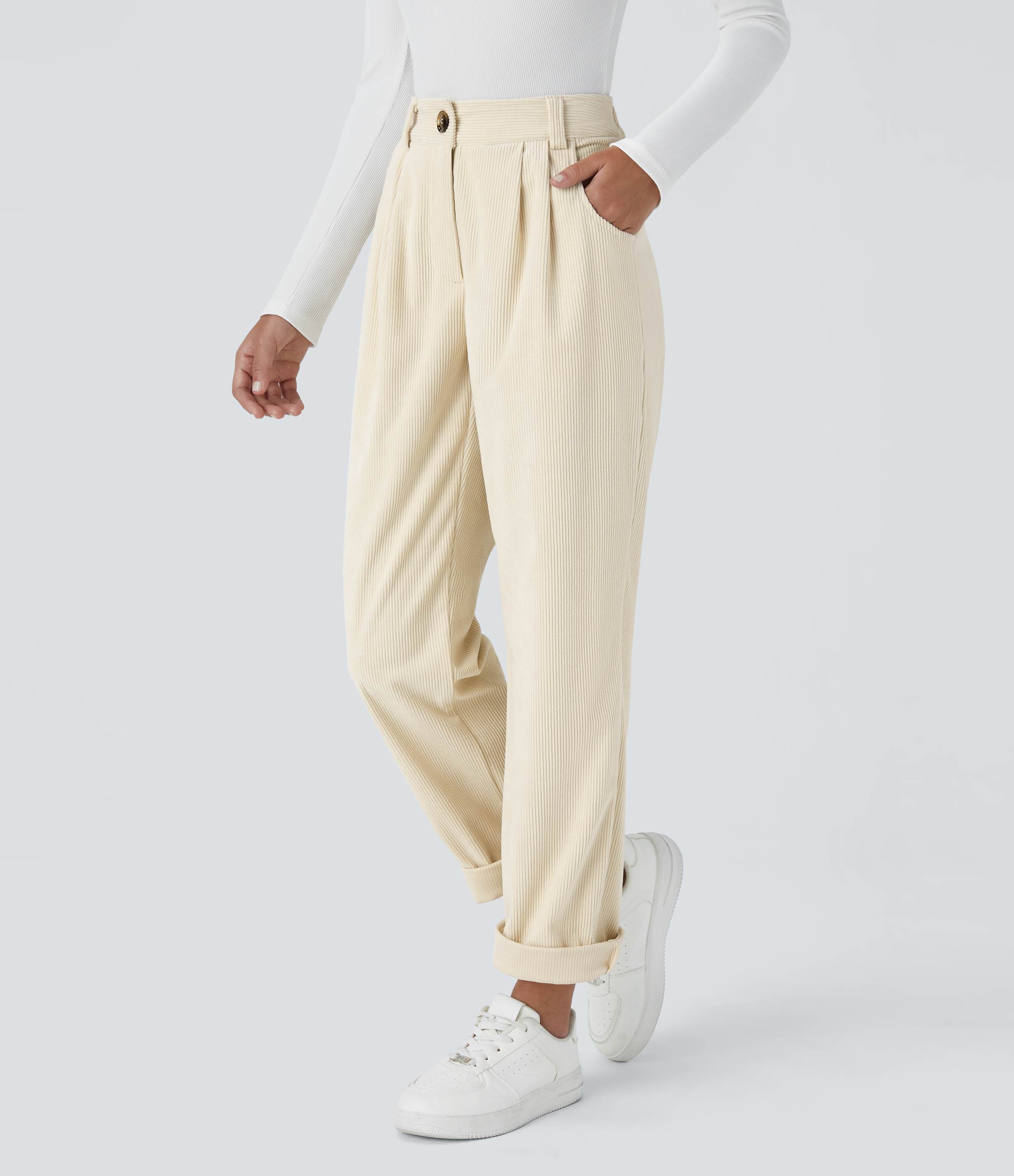 Mid Rise Zipper Pocket Corduroy Casual Pants