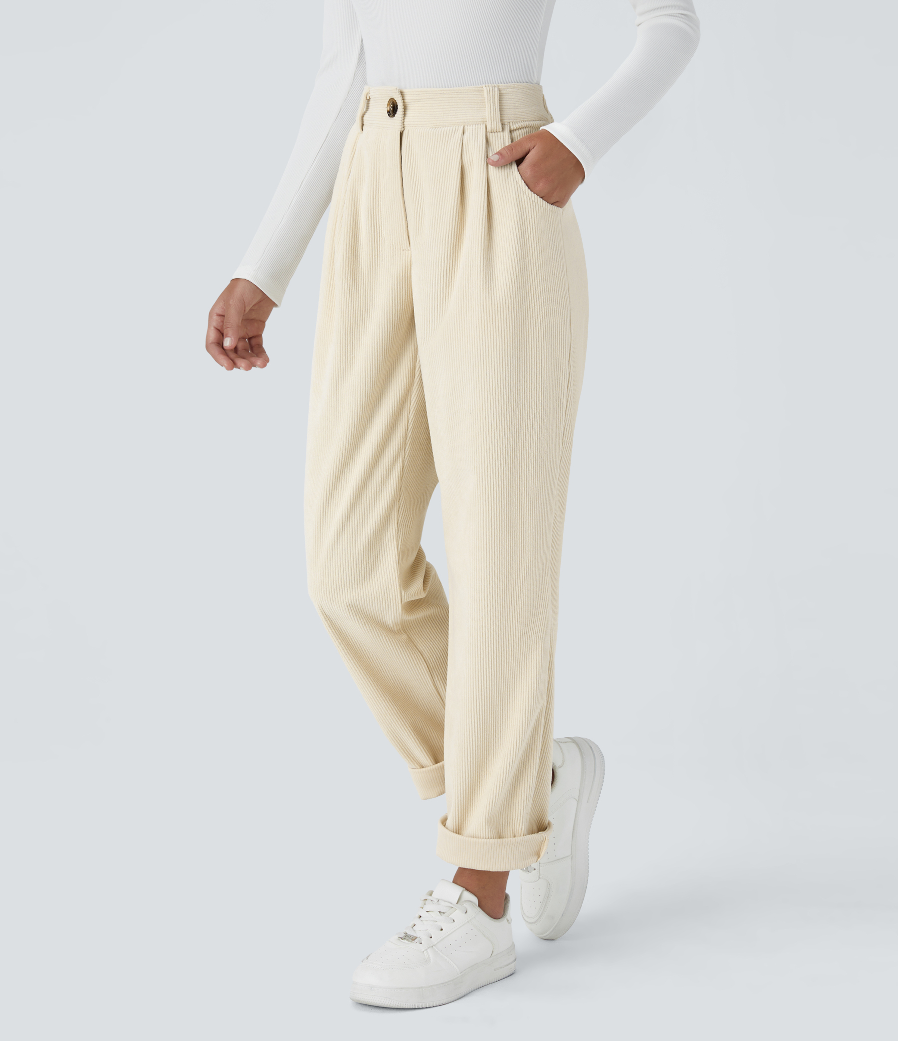 Mid Rise Zipper Pocket Corduroy Casual Pants