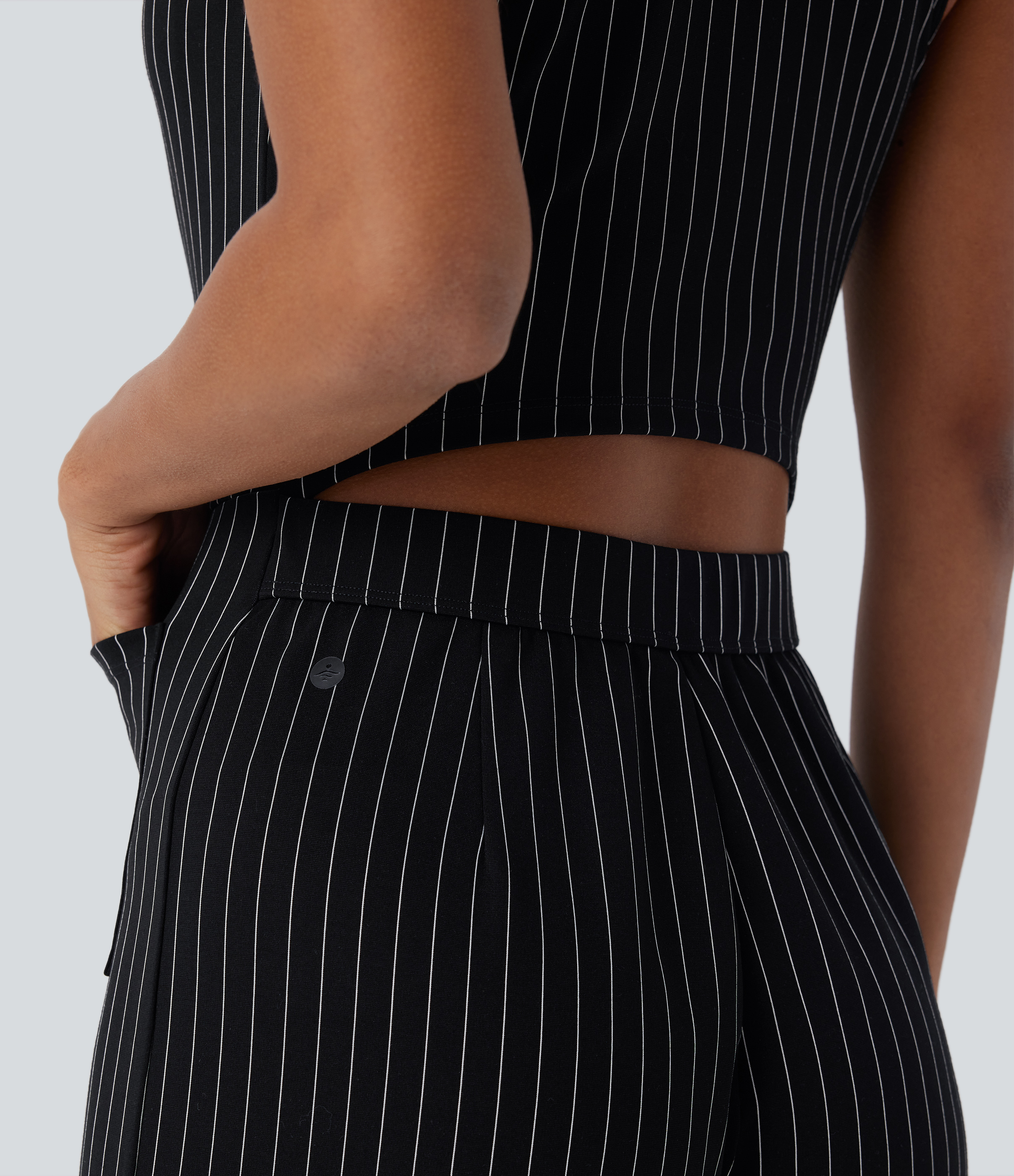 V Neck Sleeveless Cut Out Pockets Wide Leg Stripe Cool Touch Work Jumpsuit