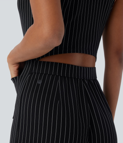 V Neck Sleeveless Cut Out Pockets Wide Leg Stripe Cool Touch Work Jumpsuit