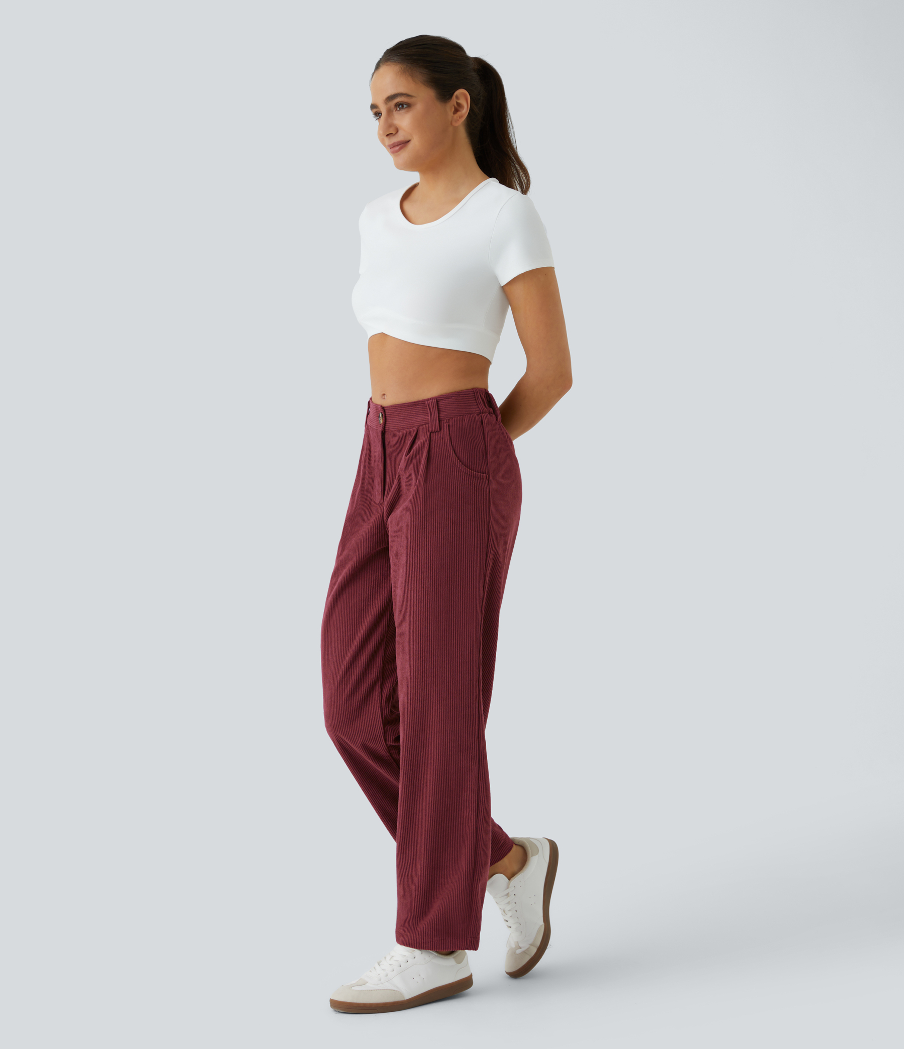 Mid Rise Zipper Pocket Corduroy Casual Pants
