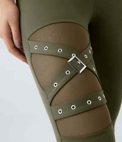 DayStretch High Waisted Crossover Contrast Mesh Decorative Buckle Yoga Leggings