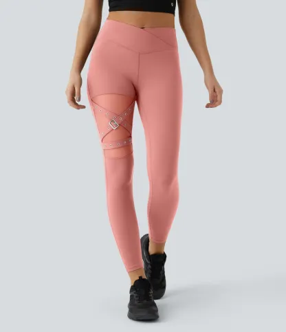 DayStretch High Waisted Crossover Contrast Mesh Decorative Buckle Yoga Leggings