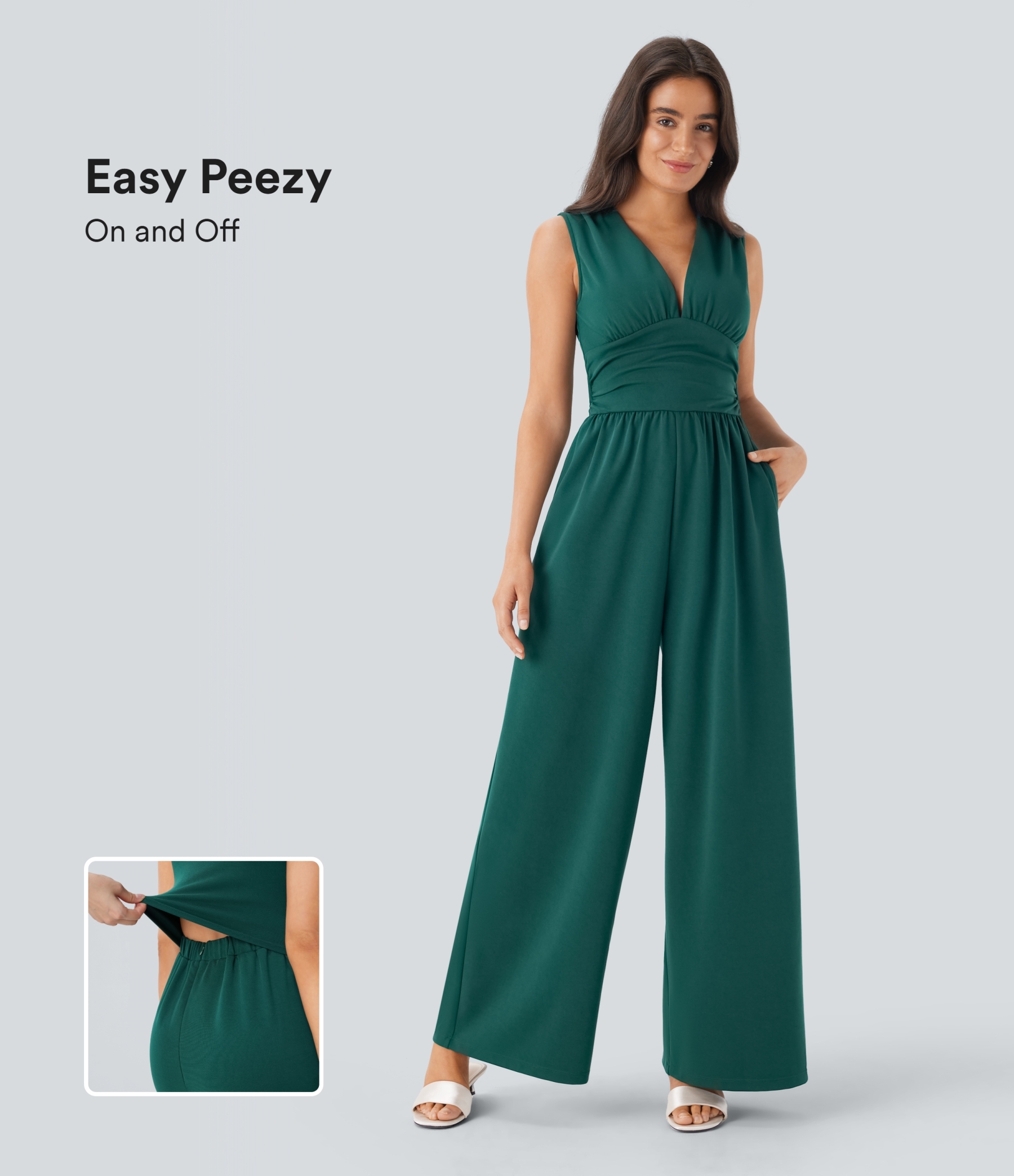 V Neck Sleeveless Ruched Pocket Jumpsuit-Easy Peezy