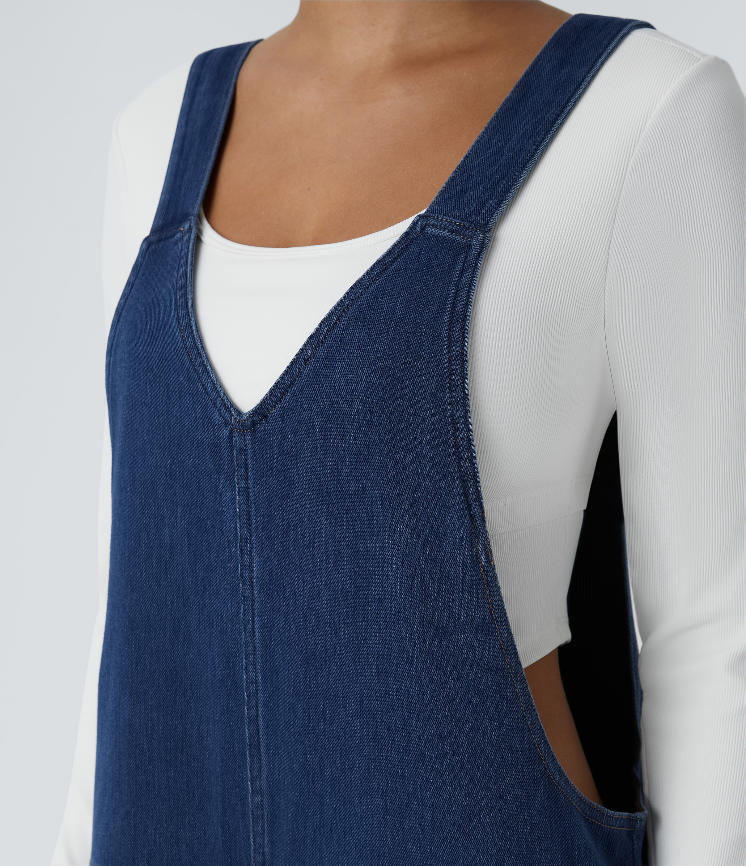 V Neck Pocket Washed Denim Casual Overalls