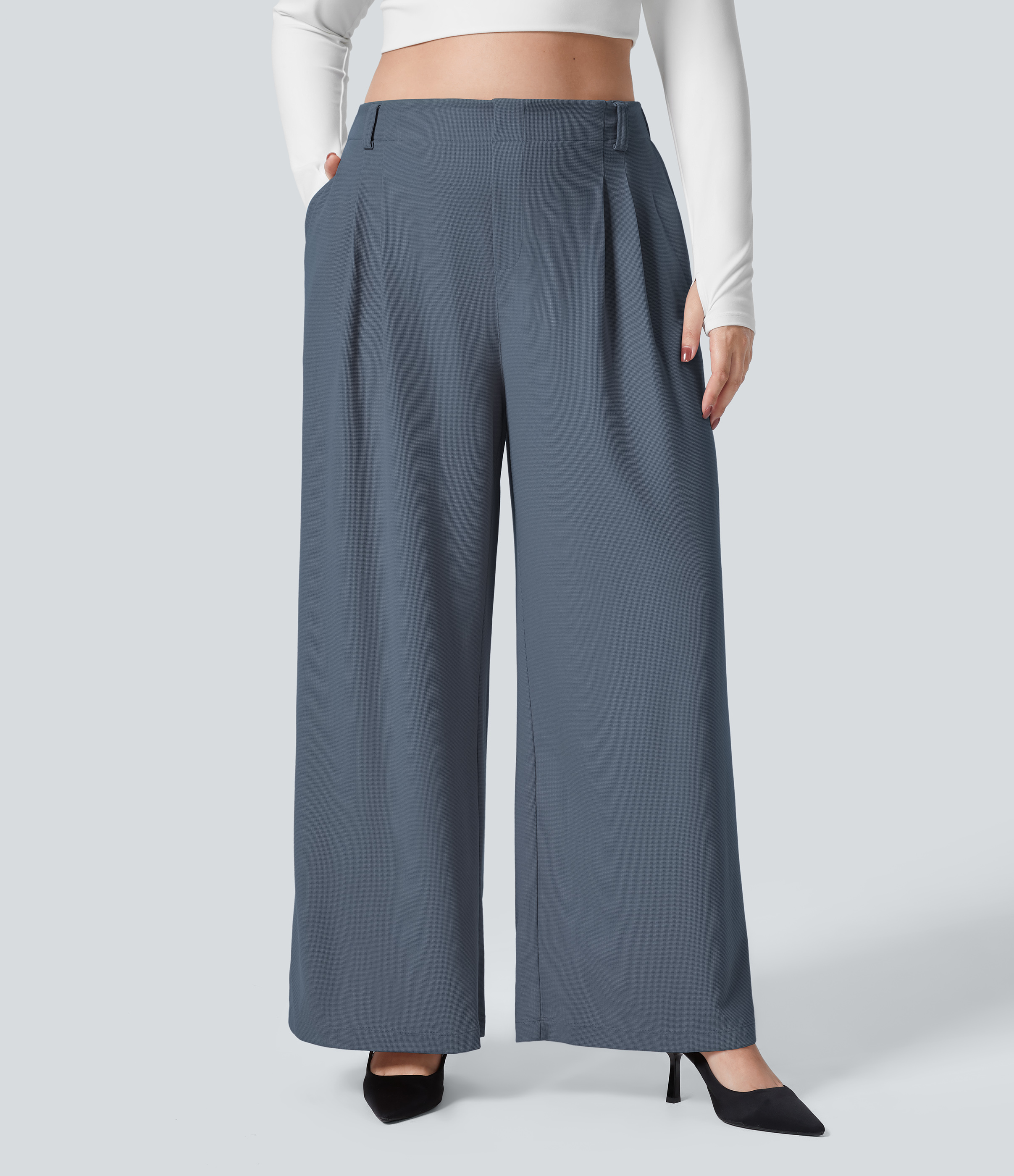 High Waisted Pocket Wide Leg Waffle Work Plus Size Pants