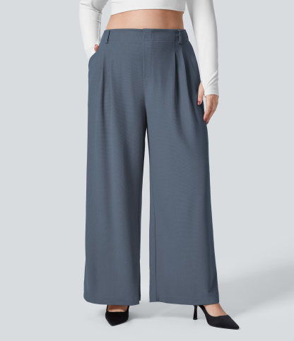 High Waisted Pocket Wide Leg Waffle Work Plus Size Pants
