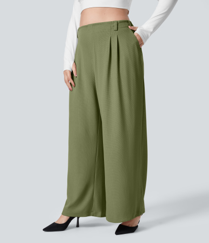 High Waisted Pocket Wide Leg Waffle Work Plus Size Pants