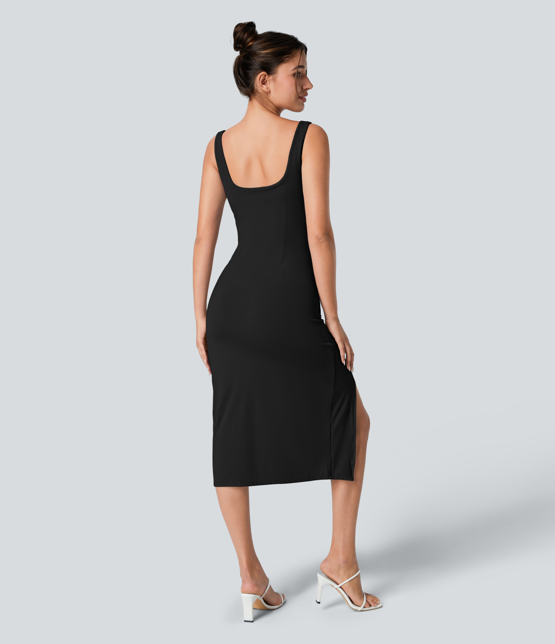 Airy Square Neck Backless Corset Ruched Split Bodycon Midi Cool Touch Bridesmaid and Wedding Guest Dress