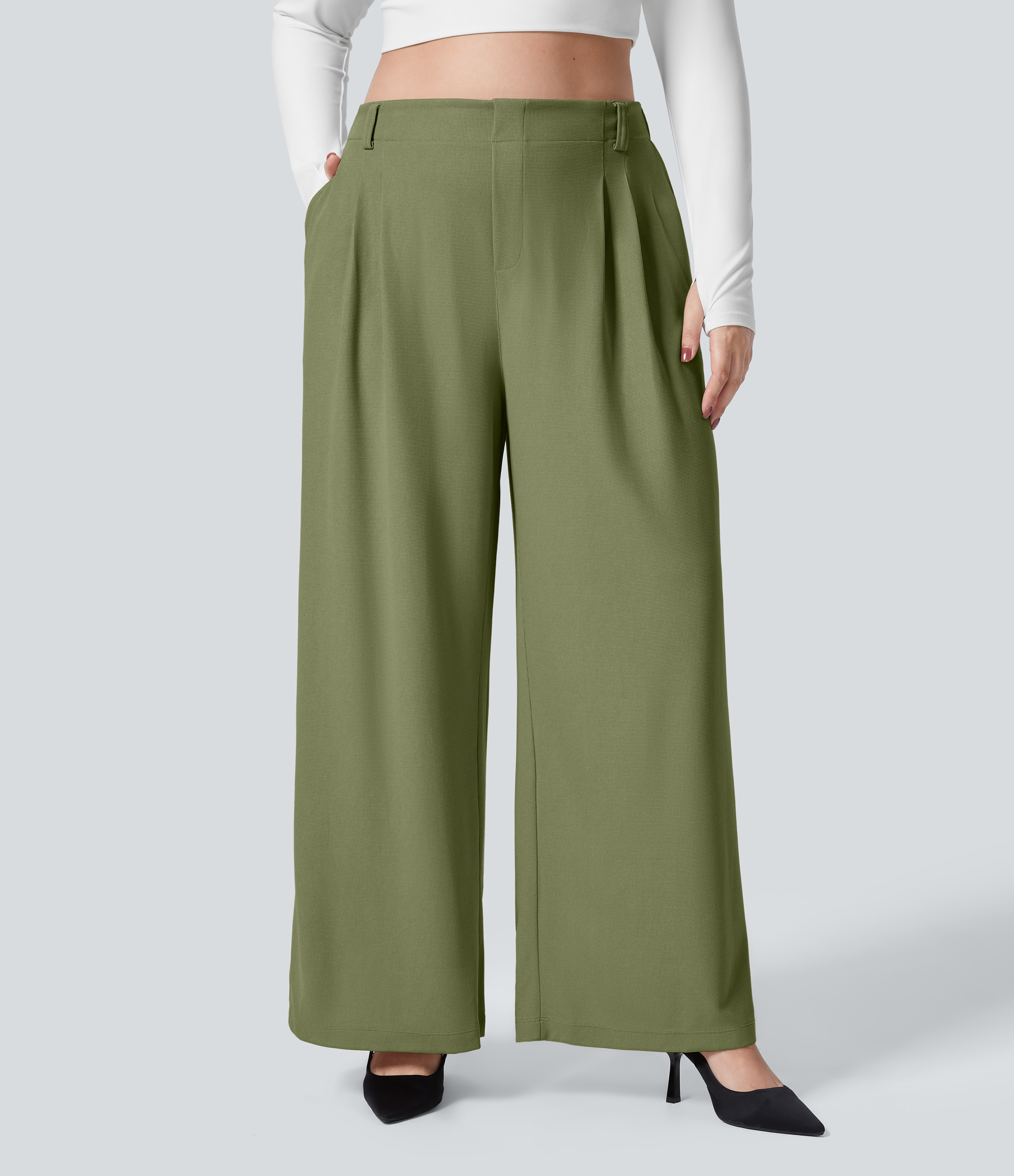 High Waisted Pocket Wide Leg Waffle Work Plus Size Pants