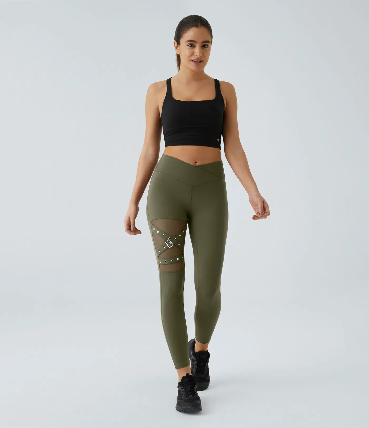 DayStretch High Waisted Crossover Contrast Mesh Decorative Buckle Yoga Leggings