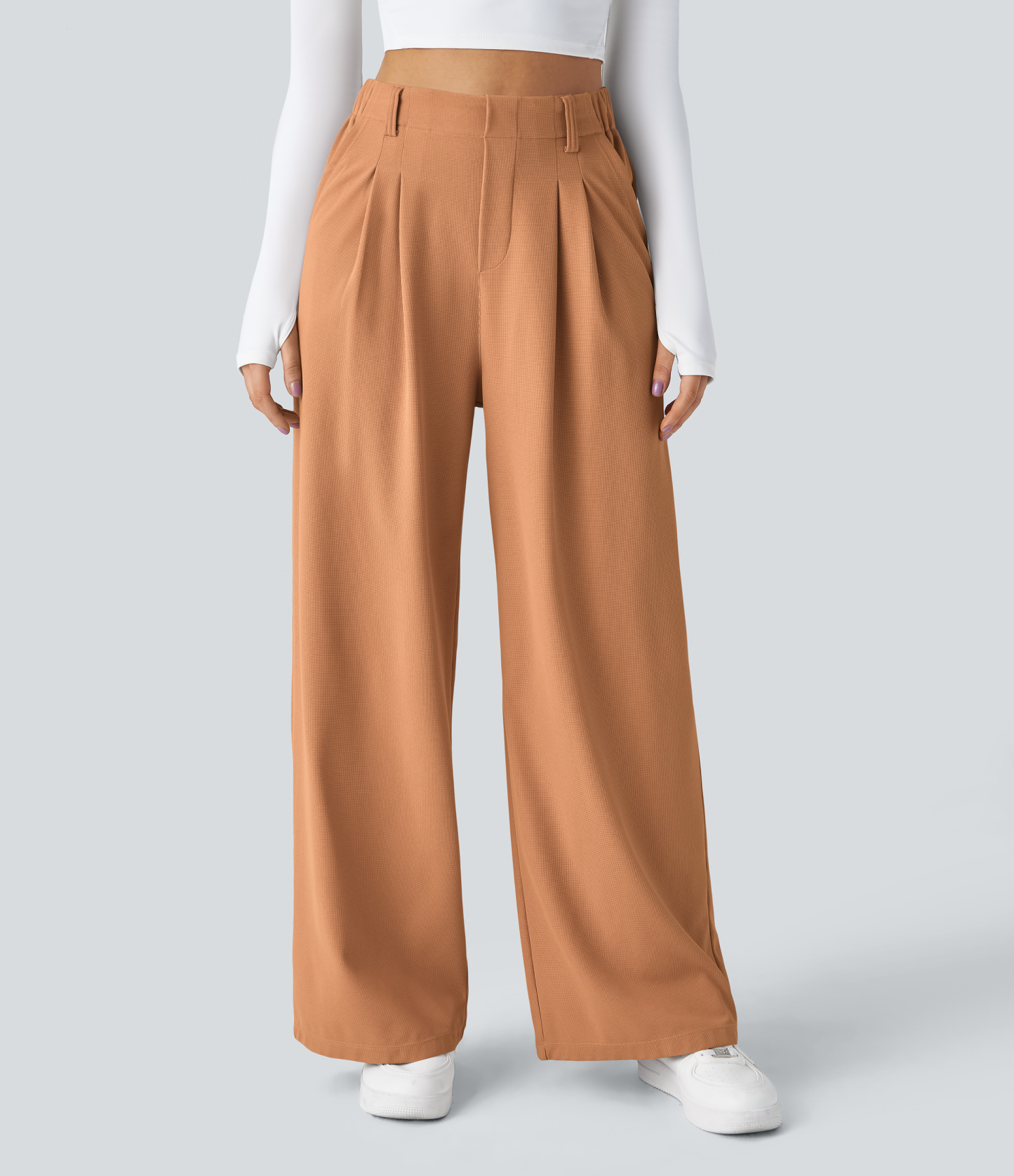 High Waisted Pocket Wide Leg Waffle Work Pants