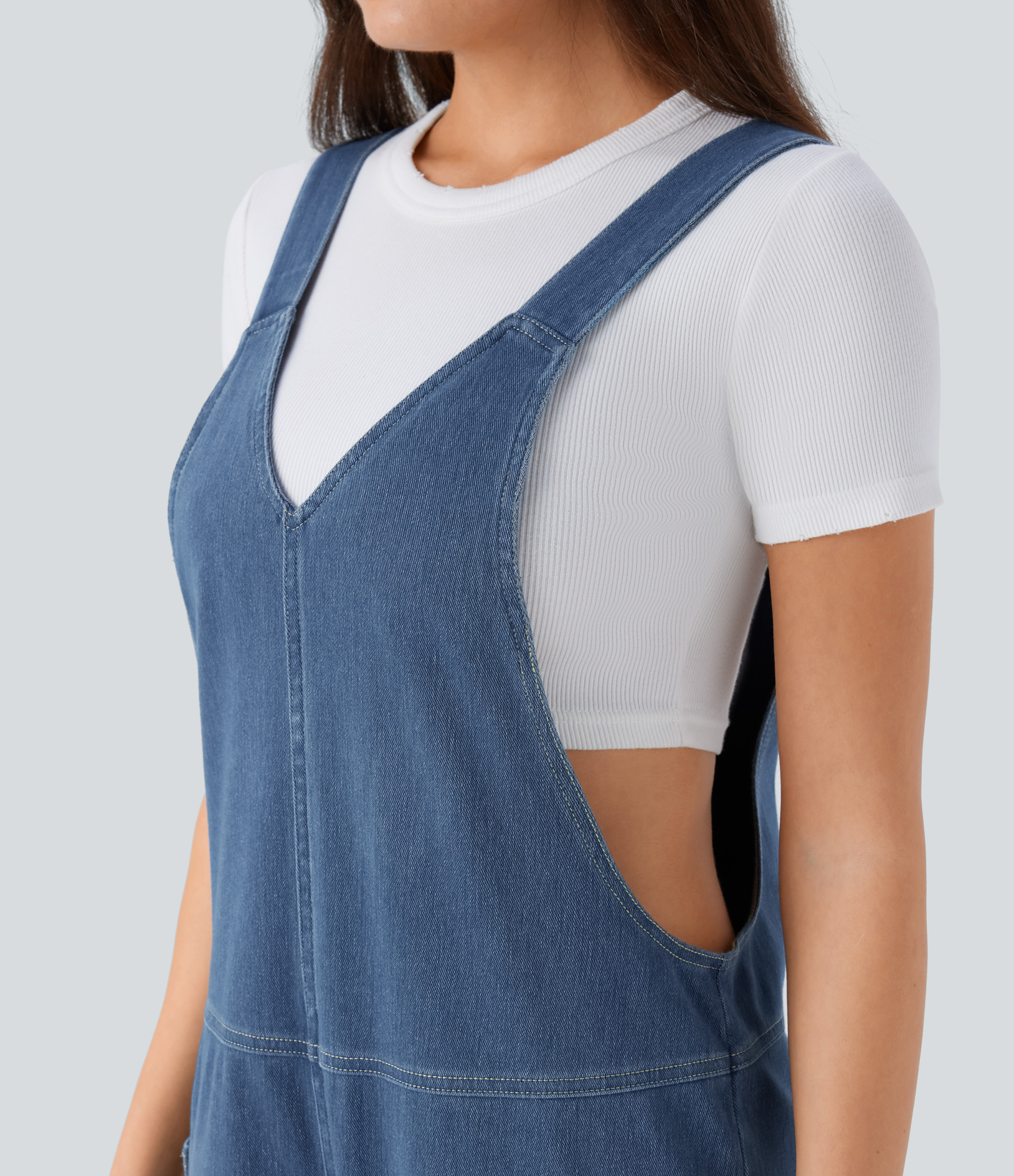 V Neck Pocket Washed Denim Casual Overalls