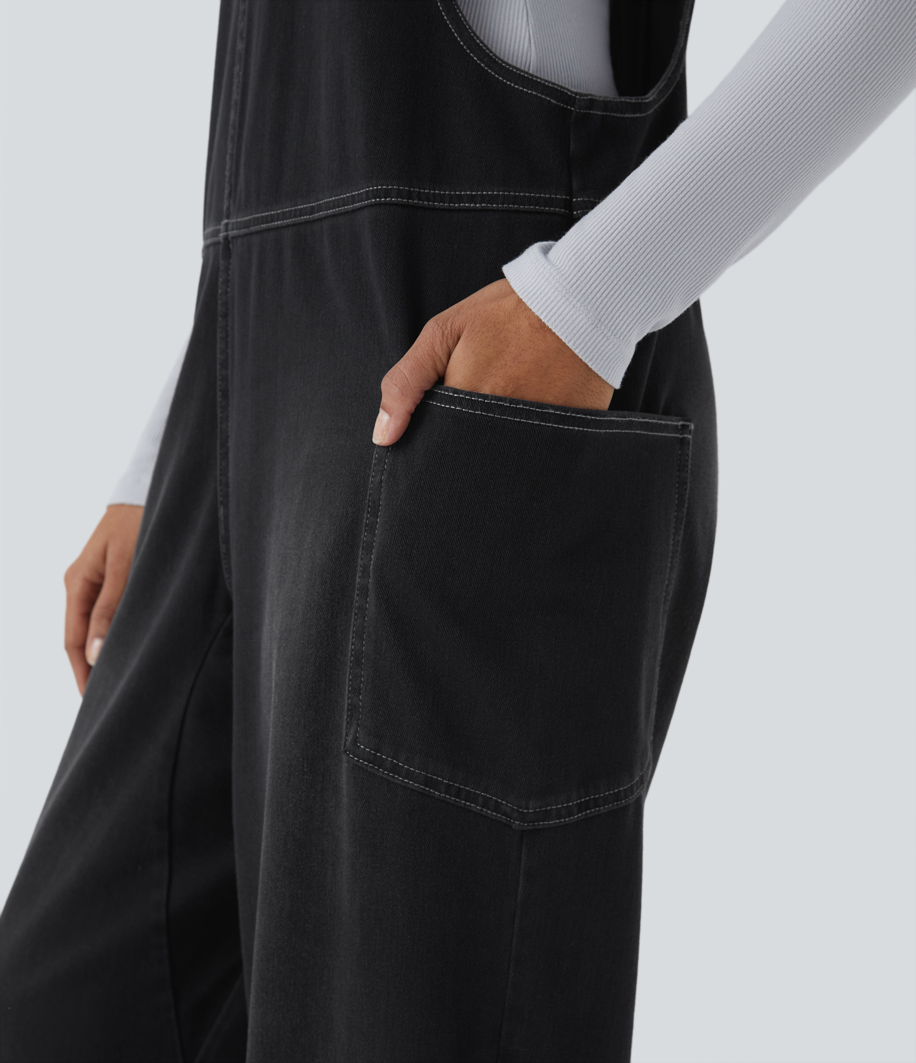 V Neck Pocket Washed Denim Casual Overalls