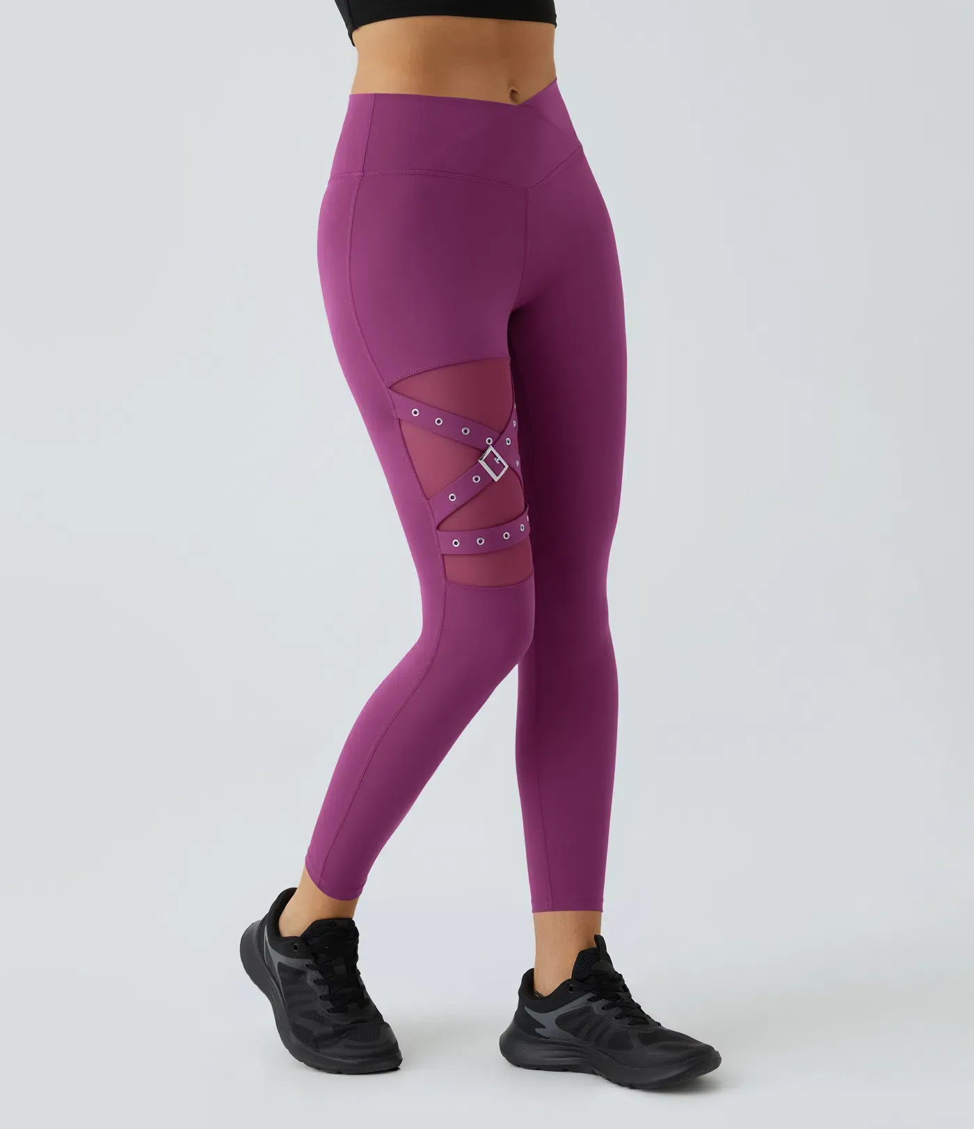 DayStretch High Waisted Crossover Contrast Mesh Decorative Buckle Yoga Leggings
