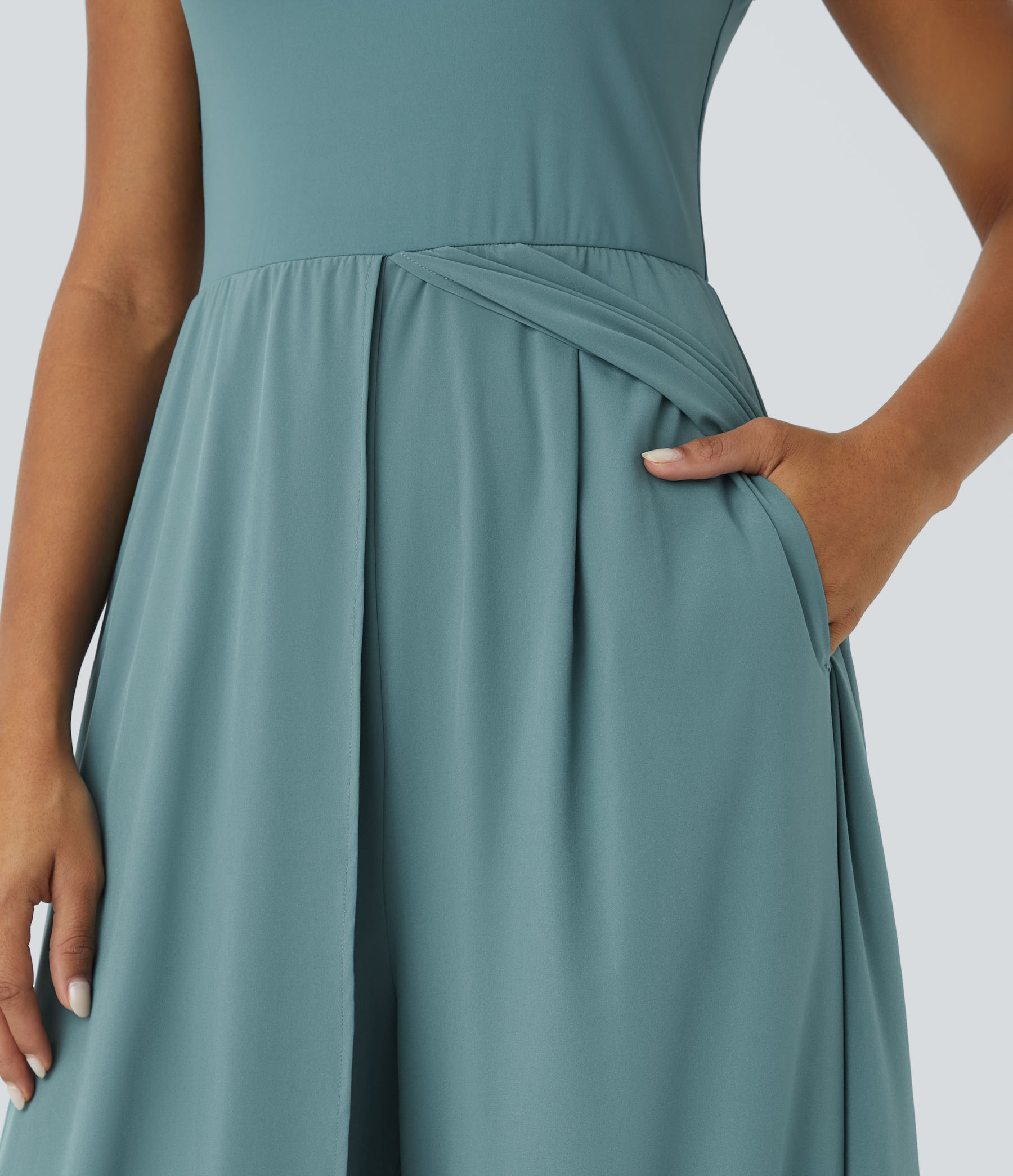 Zipper Sleeveless Pocket Contrast Quick Dry Jumpsuit