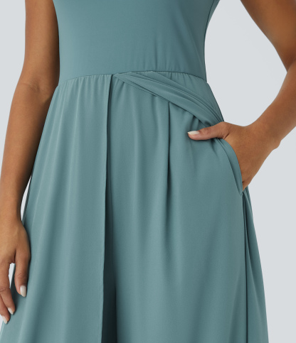 Zipper Sleeveless Pocket Contrast Quick Dry Jumpsuit