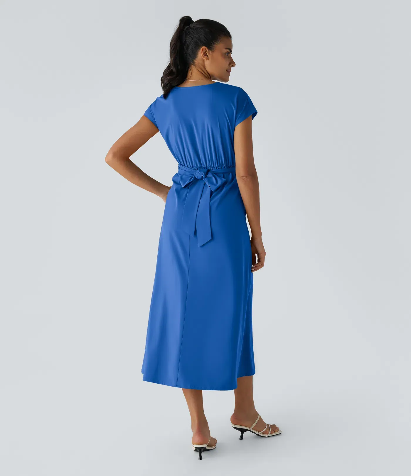 V-neck Short-sleeve Pocket Lace-up Back Quick-drying Mid-length Casual Dress-extended