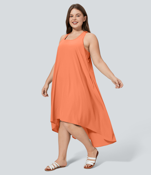 RacerPocket High Low Flowy Midi Quick Dry Casual Plus Size Dress